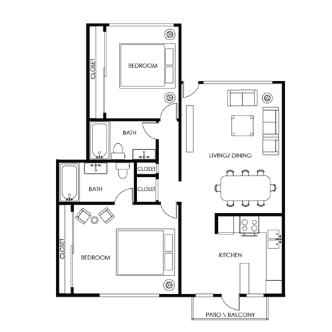 Floor plan for 2 beds, 2 baths, 1016 sqft